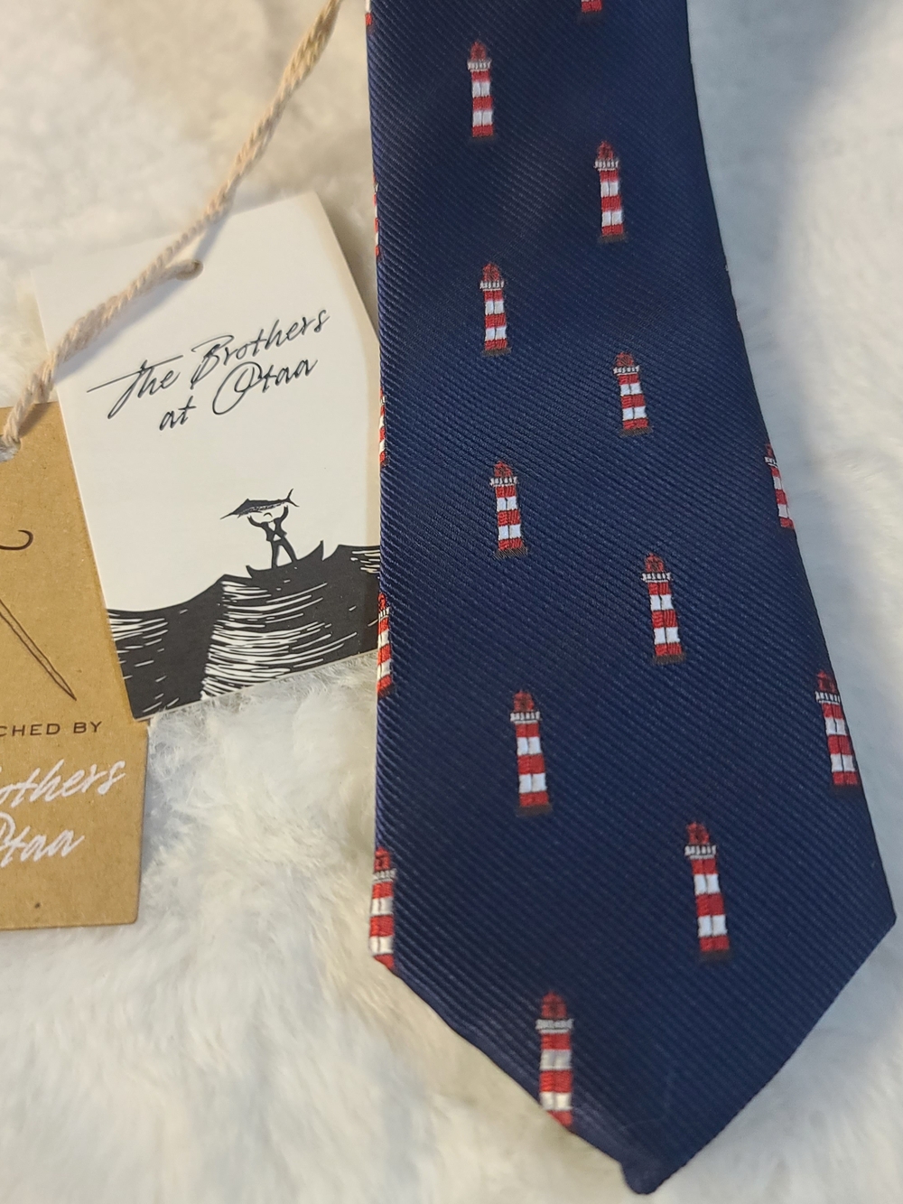 Navy Silk Tie with Red & White Lighthouse Motif